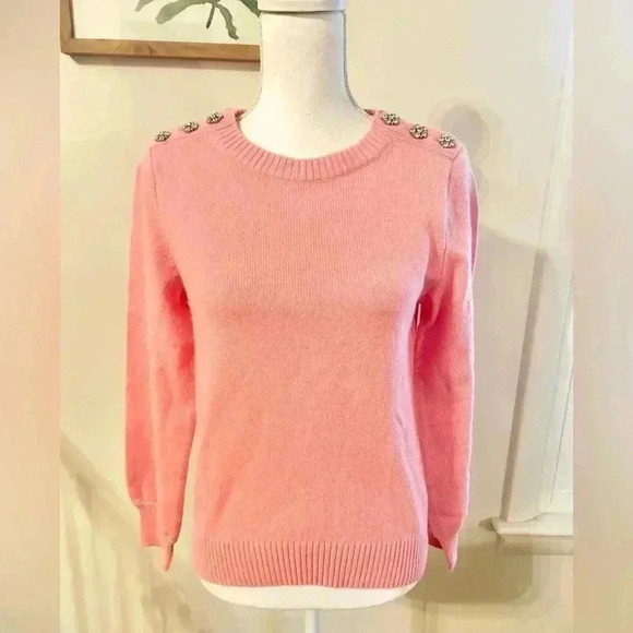 J. Crew Lambswool Blend Pink Crewneck Sweater with Jeweled Buttons - Picture 2 of 7